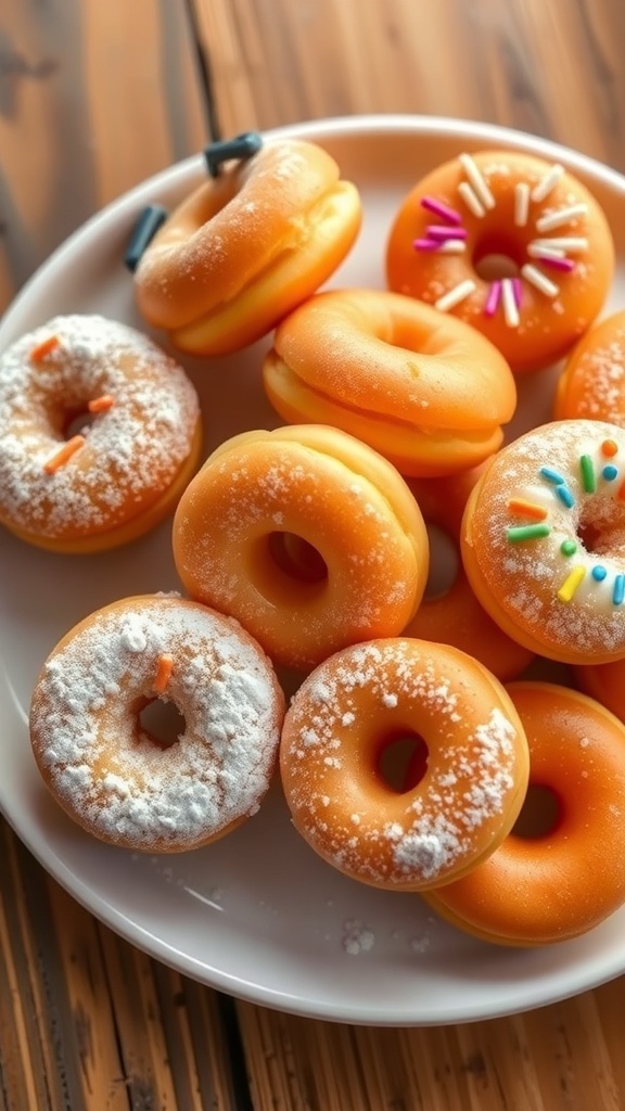 Mini Donuts Recipe for 4 A plate of mini donuts dusted with powdered sugar and topped with glaze and sprinkles.